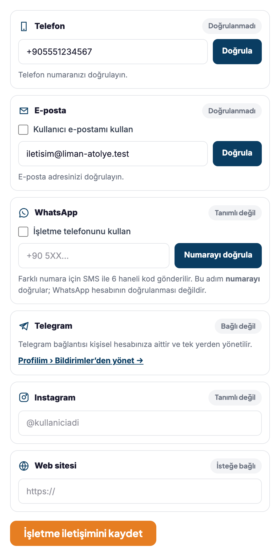 İşletme iletişim formu