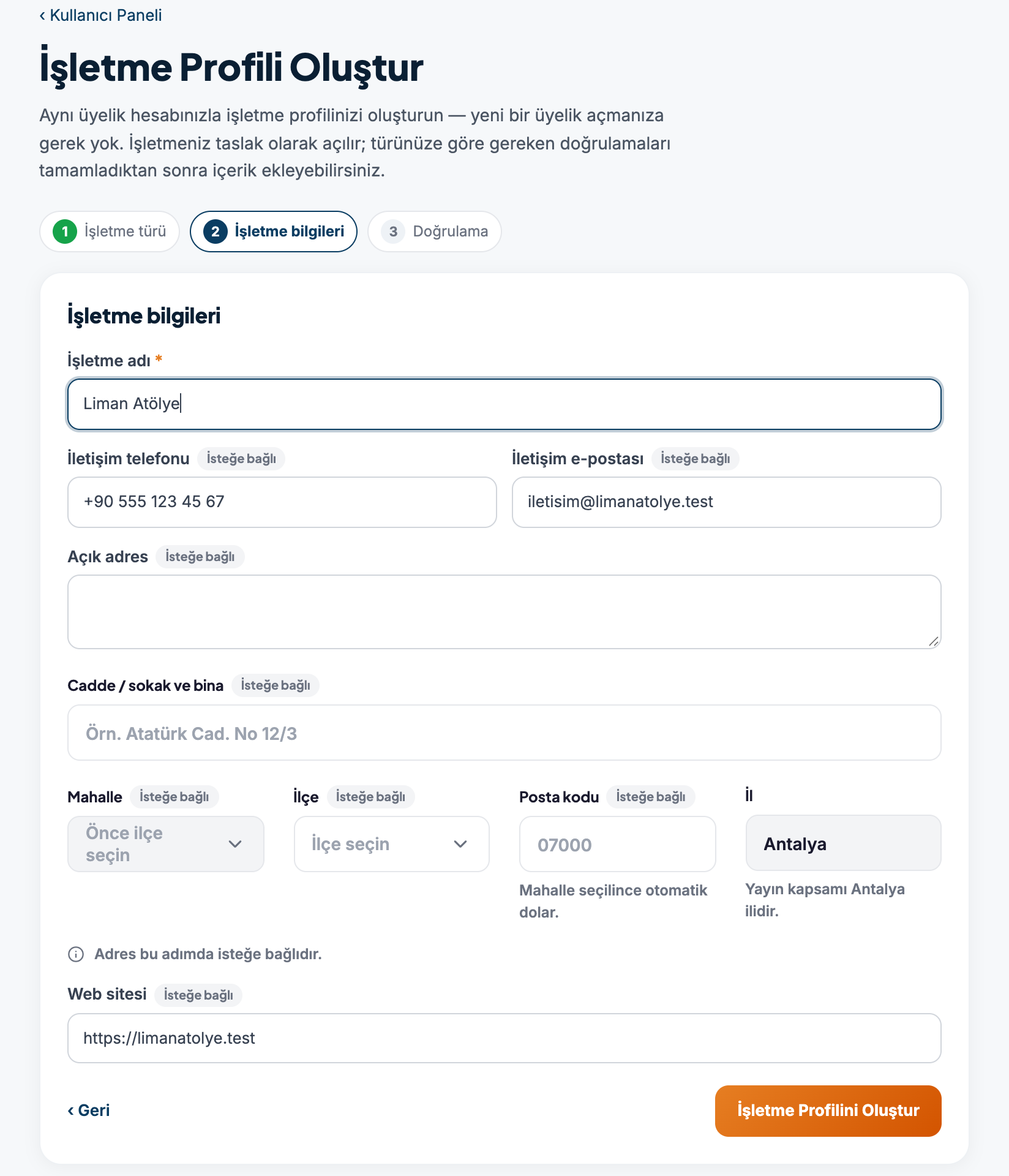 İşletme bilgileri adımı