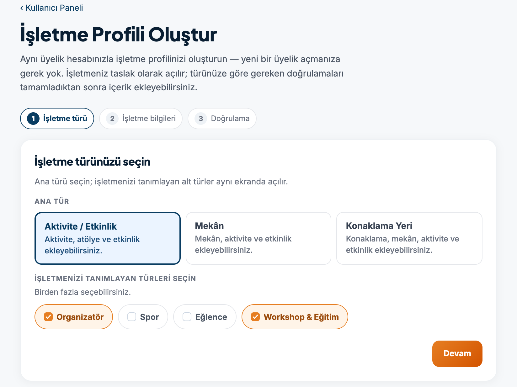 İşletme türü seçimi