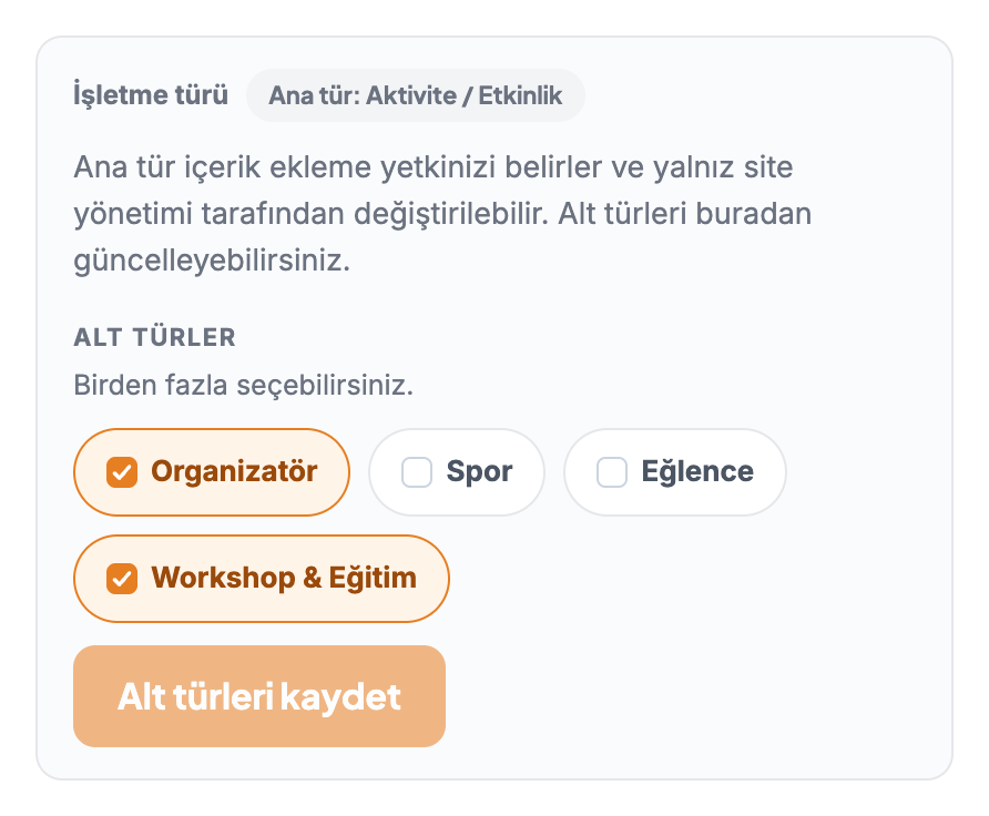 İşletme türü kartı