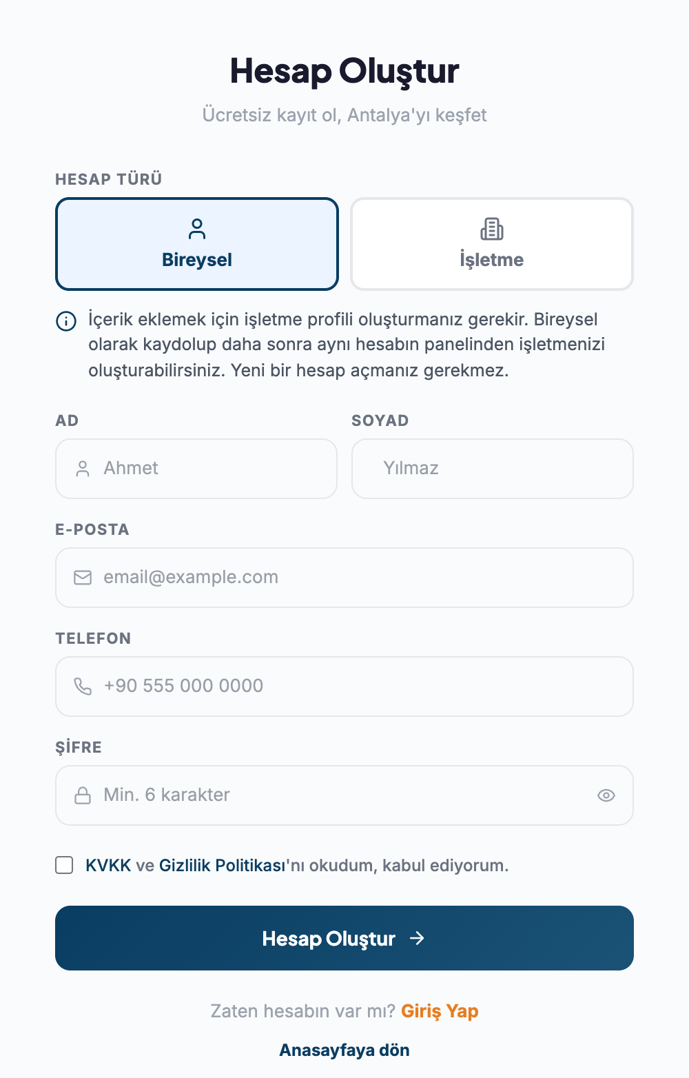 Hesap Oluştur formu